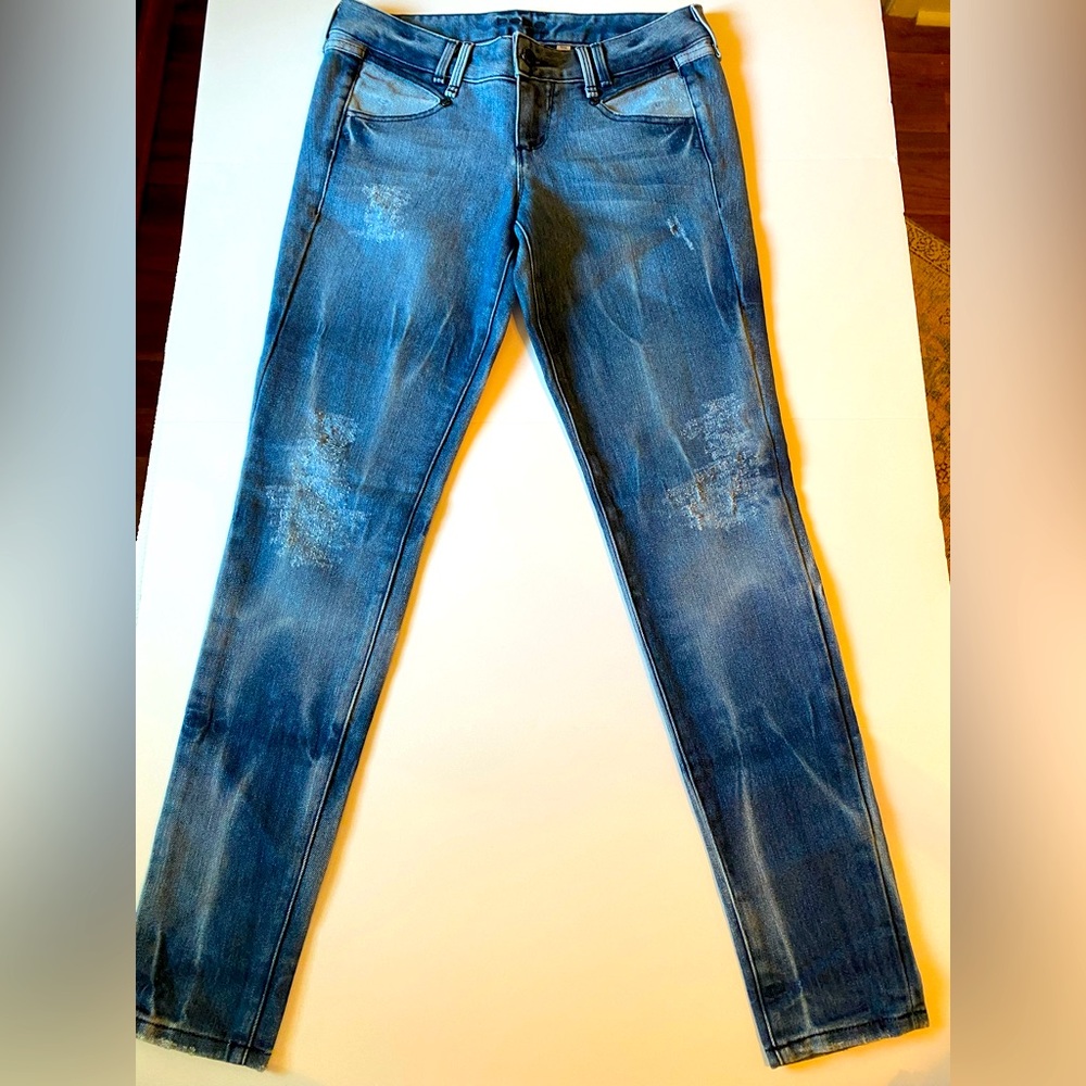 Bebe Patchwork and Distressed Skinny Stretch Blue Jeans, Size 27 - Picture 1 of 9